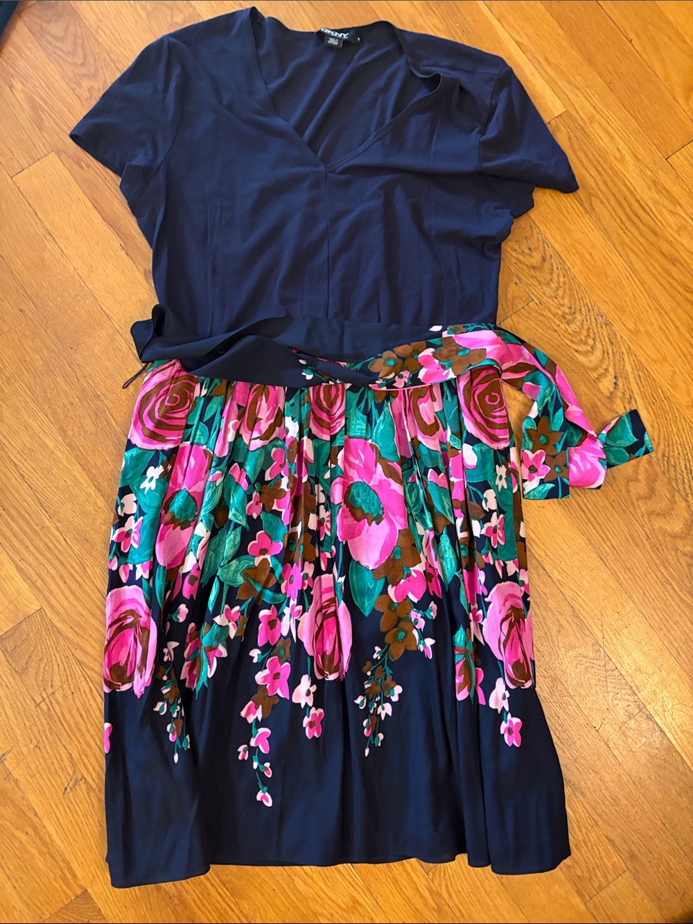 Navy Floral Belted Dress with Pink & Green Print